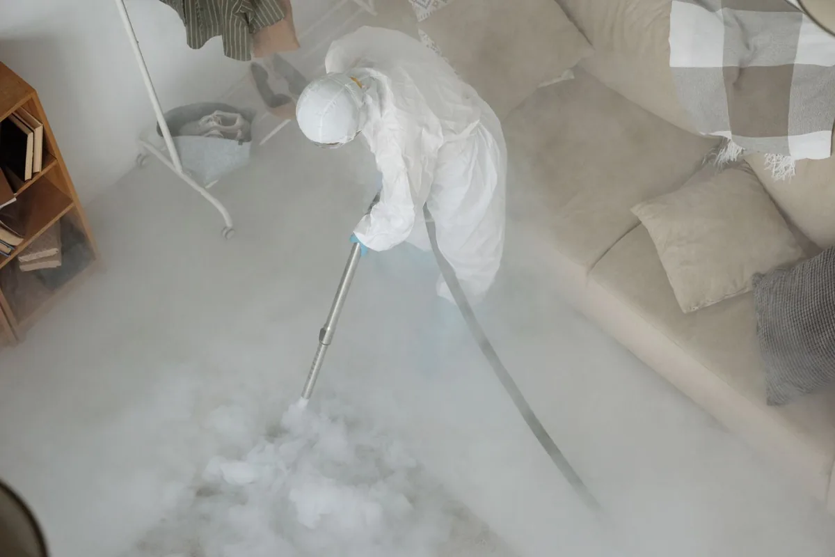 Biohazard cleanup technician in protective equipment, Kingsland, GA